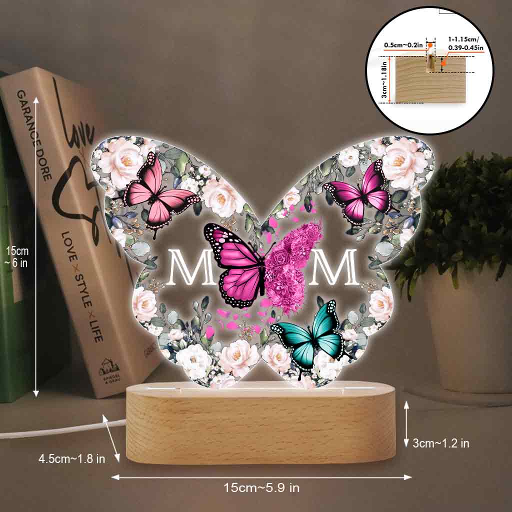 Mother And Children Butterflies - Personalized Mother Shaped Plaque Light Base