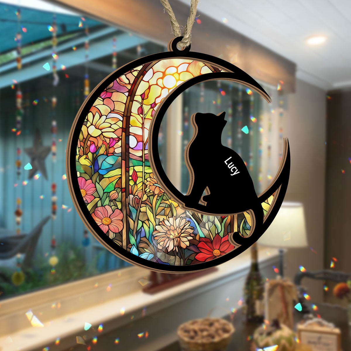 Stained Glass Pattern Cat Silhouette - Personalized Cat Suncatcher