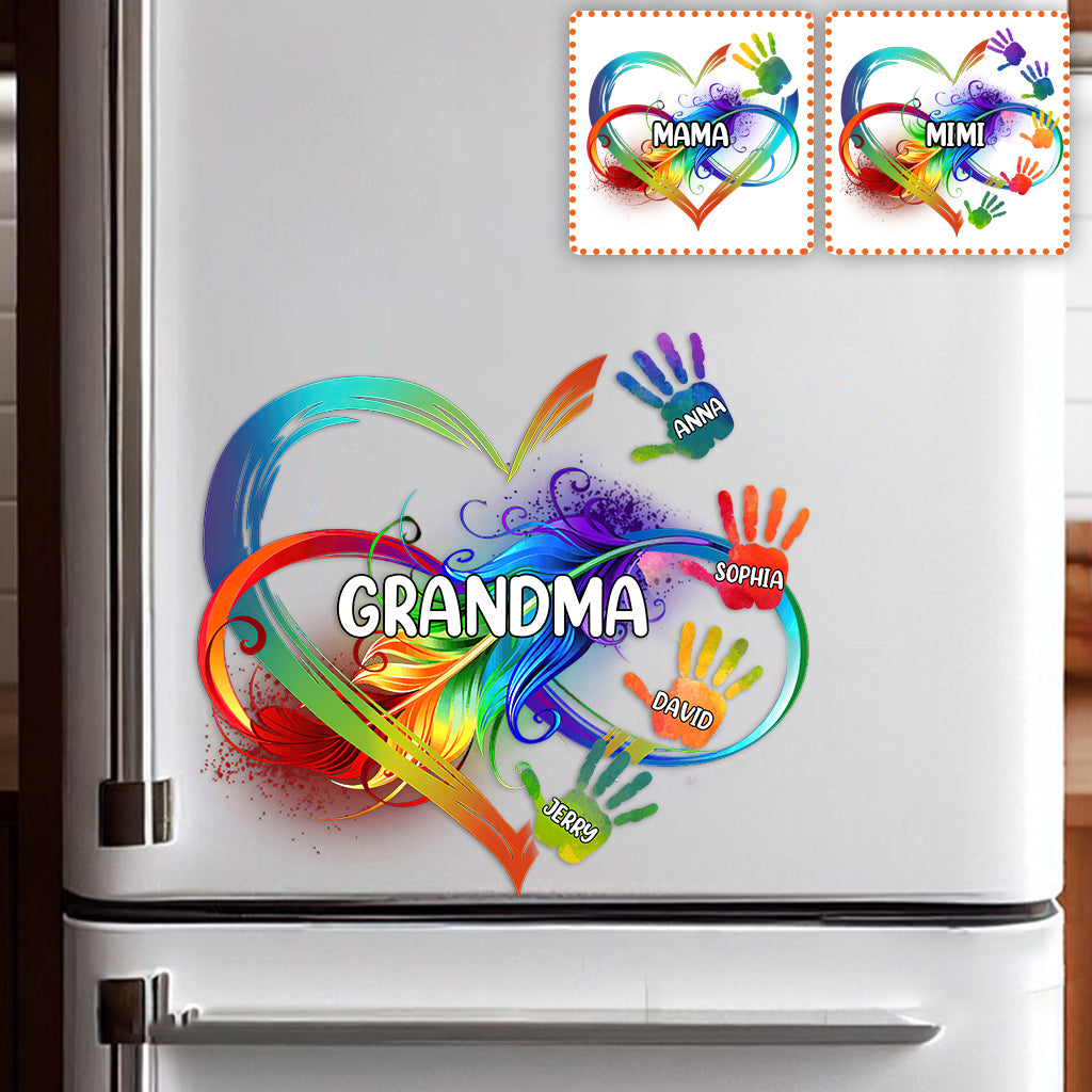 Grandma Colorful Heart Infinite Feather Hands - Personalized Grandma Decal Die Cut