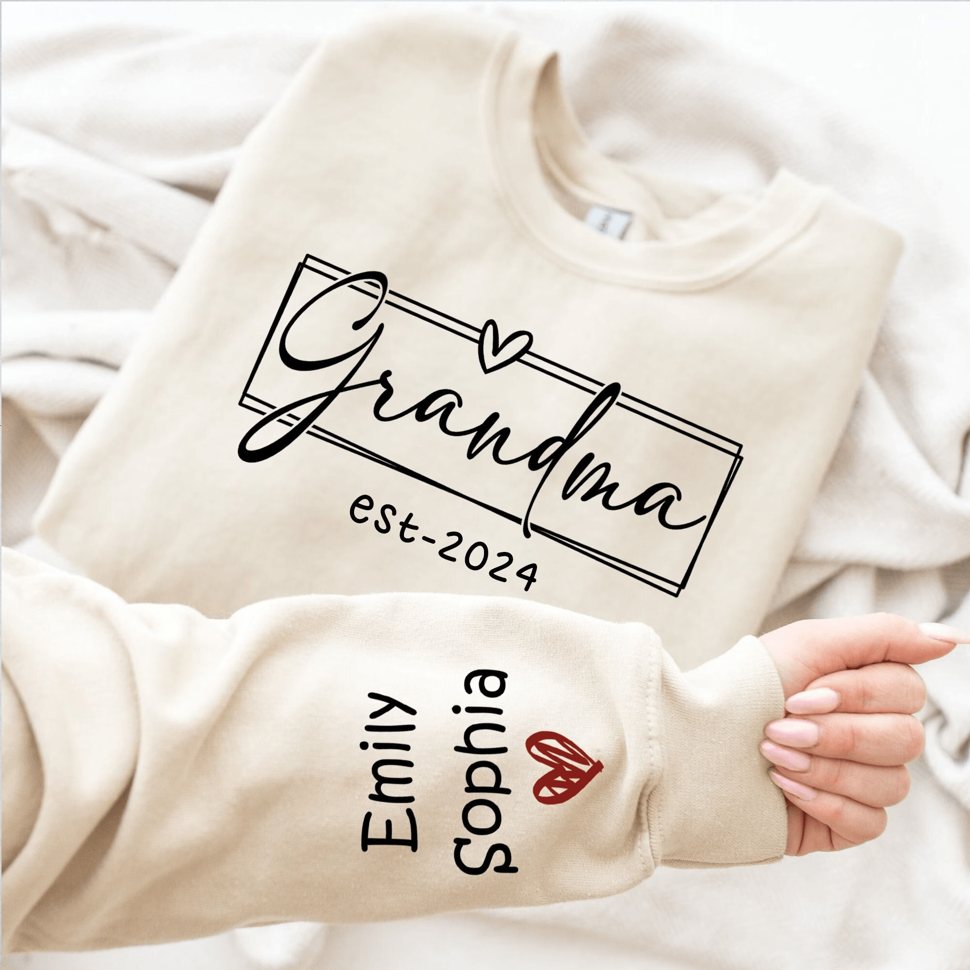 Custom Grandma Est.2024 Sleeve Printed Sweater - Ver 1 Personalized Crewneck Sweatshirt - Gift for Grandma, Nana, Mimi, Grandparent | Birthday