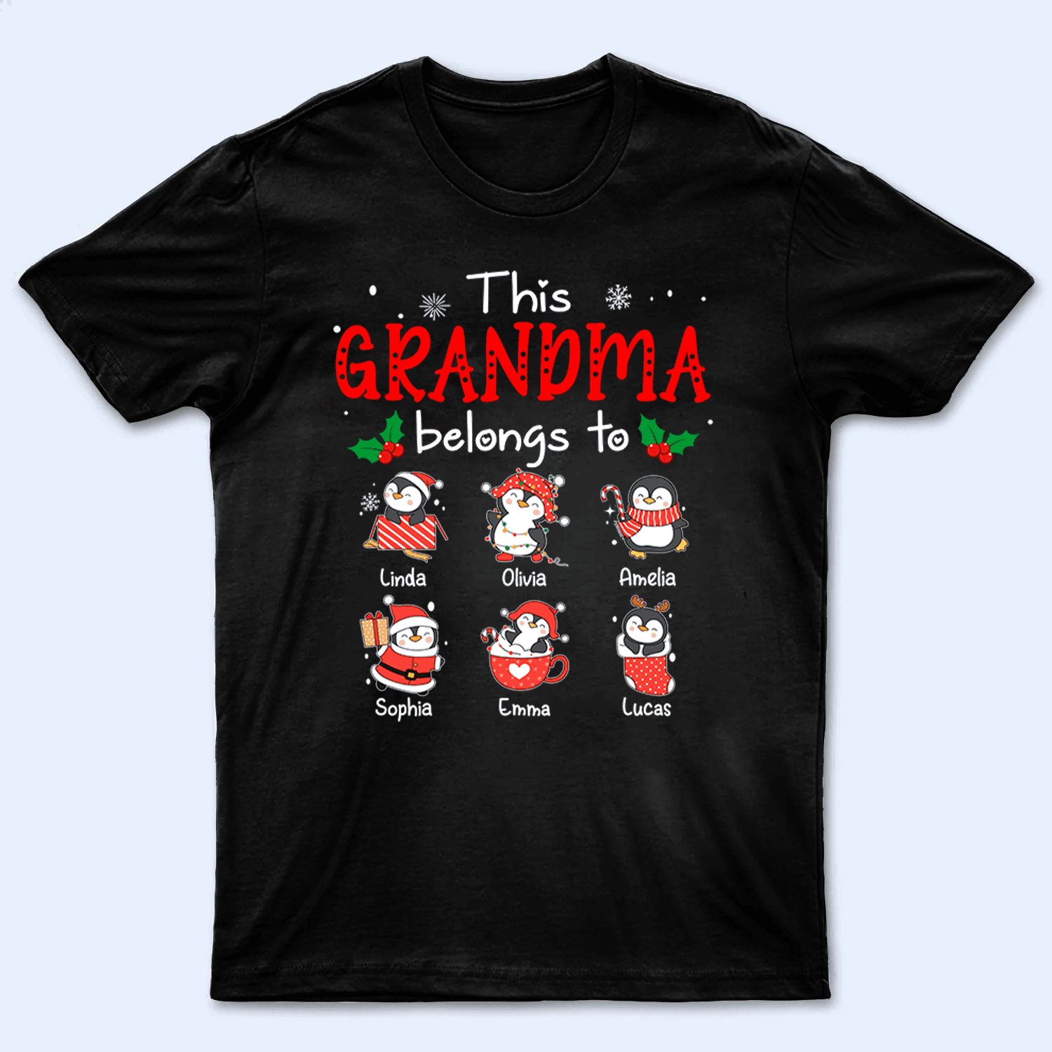 This Grandma Belongs To - Cute Penguin Grandkids - Personalized Custom T Shirt - Birthday, Loving, Funny Gift for Grandma/Nana/Mimi, Mom, Wife, Grandparent