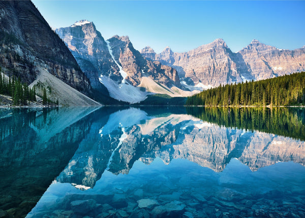 Beautiful photograph of a serene lake surrounded by mountains