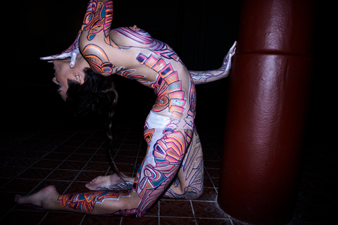 Captivating Image of Nina Burri, Contortionist and Exquisitely Body Painted by Johny Dar, in a Dramatic Back Bend Pose