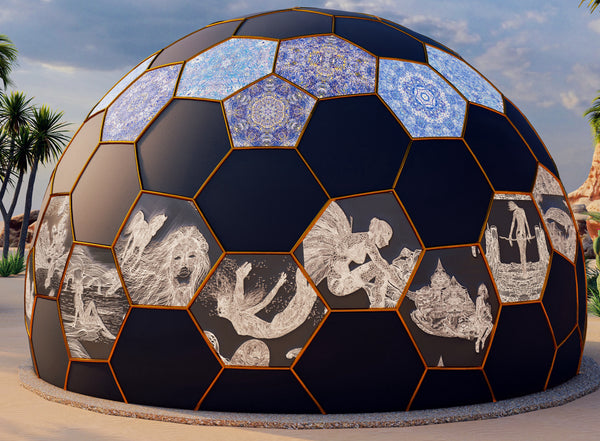 Closeup of the mesmerizing black dome covered in intricate mandalas at the Art Hive Dome in Palm Springs. Each mandala reveals a world of detail and vibrant colors, creating an immersive artistic experience within the heart of the desert.