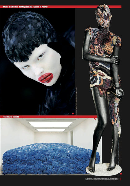 Exquisite Queen of Pearls sculpture displayed alongside Alexander McQueen's masterpiece at the Saatchi Gallery exhibition, featured in Il Giornale del Arte Magazine.