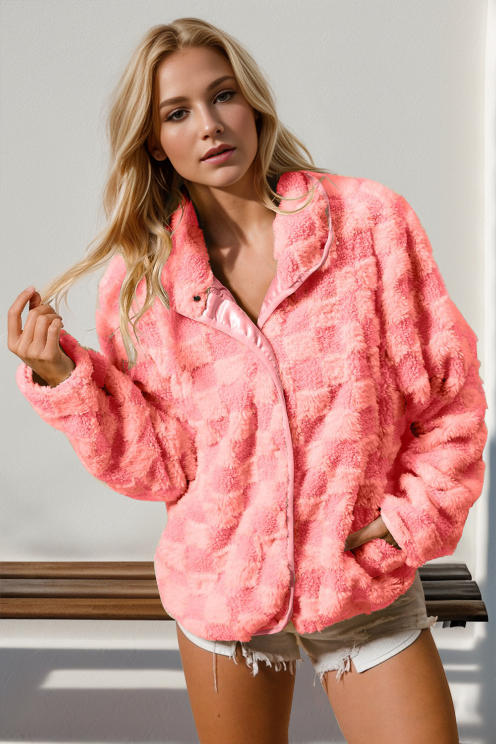 Women's Double Take Checkered Fuzzy Jacket | Cozy Long-Sleeve Winter Outerwear with Pockets