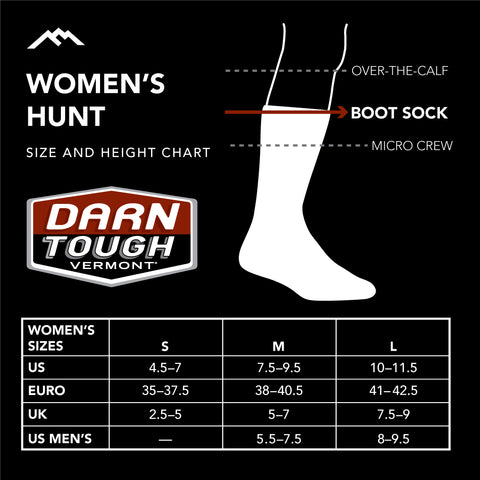 Darn Tough Women's Hunt Boot sock size chart