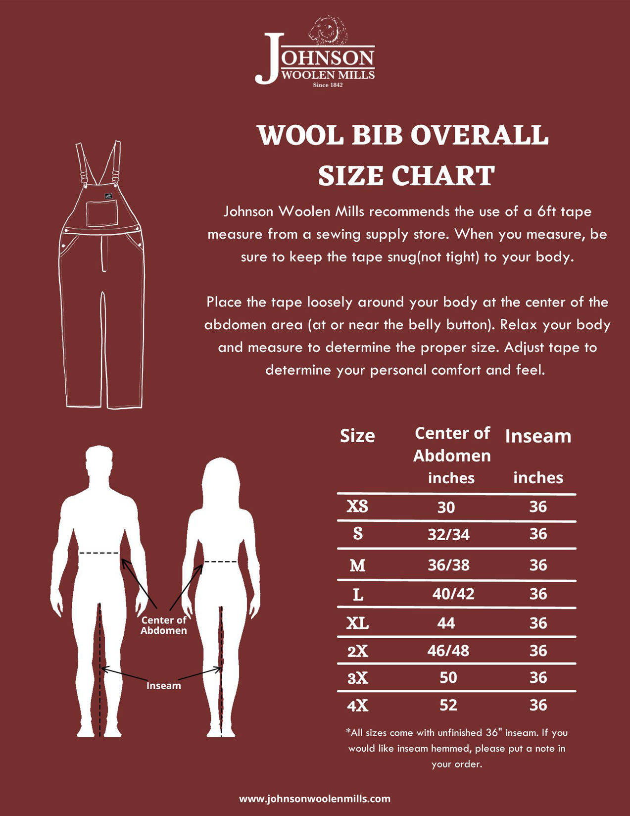 Johnson Woolen Mills Wool bib overall size chart for Men and Women