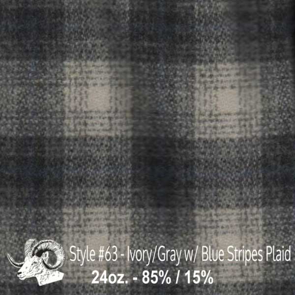  Wool Fabric By The Yard - 63 - Ivory, Gray, & Blue Stripe Plaid 