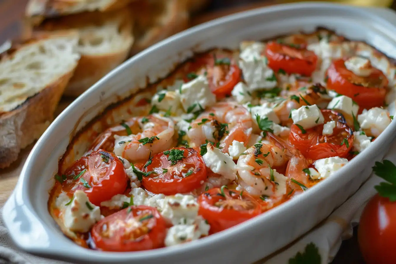 Baked shrimp with feta and tomatoes and crusty bread