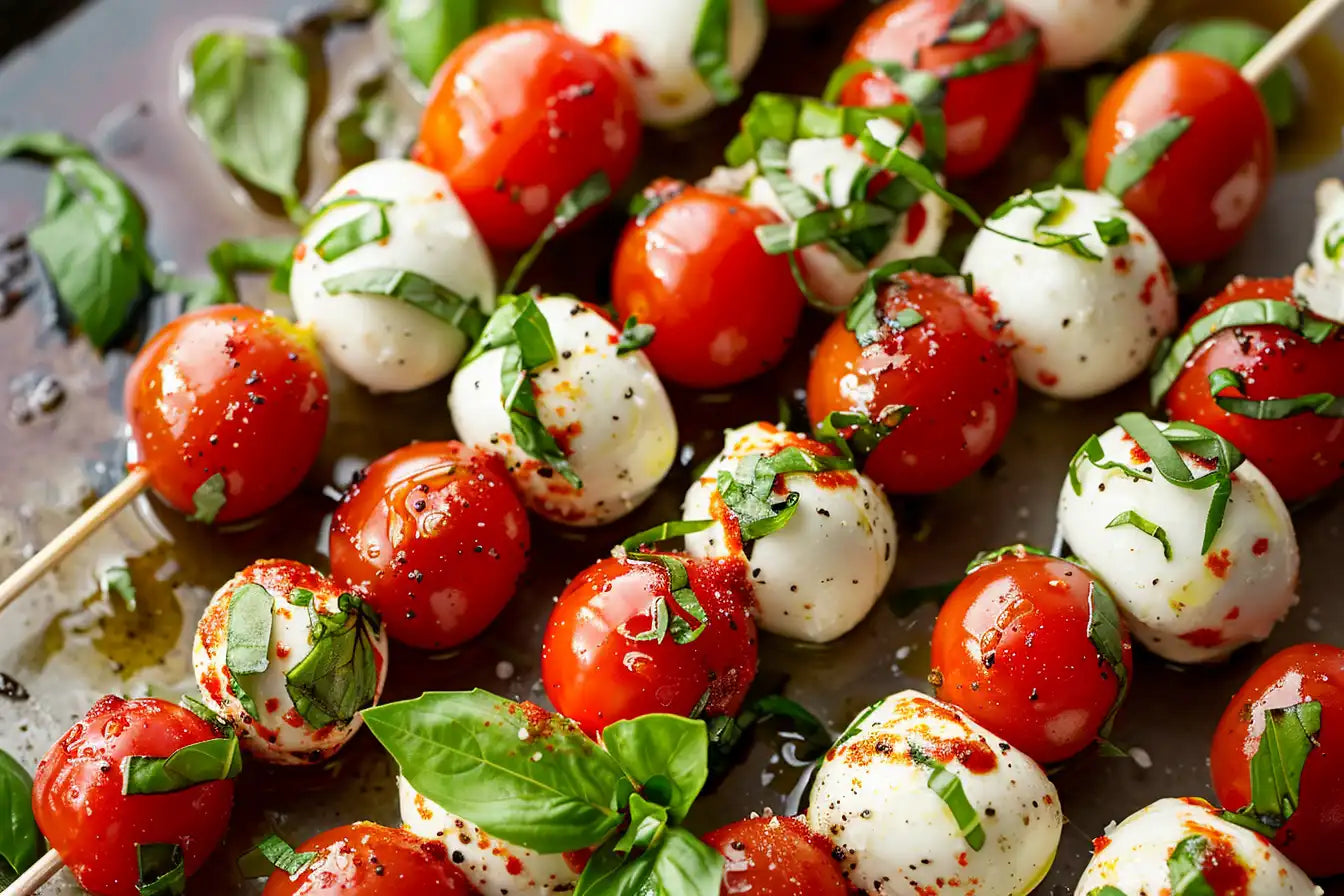 Caprese skewers with cherry tomatoes and mozzarella