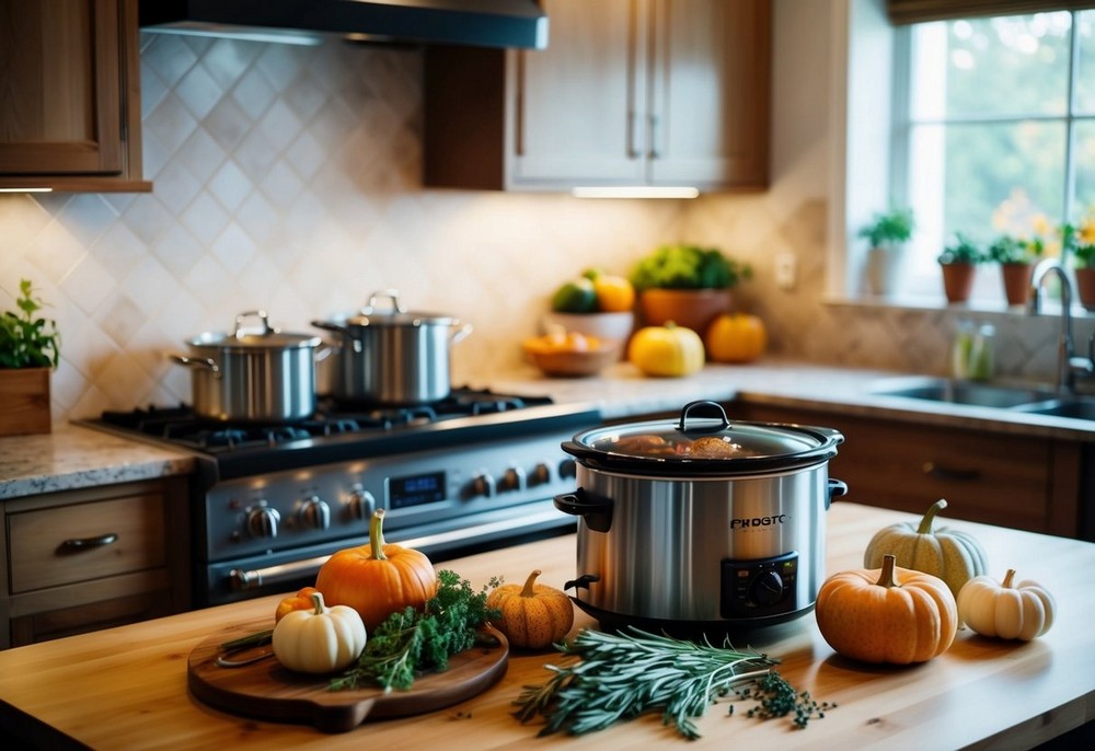 A crock pot and a selection of healthy ingredients to be used in a healthy meal for fall