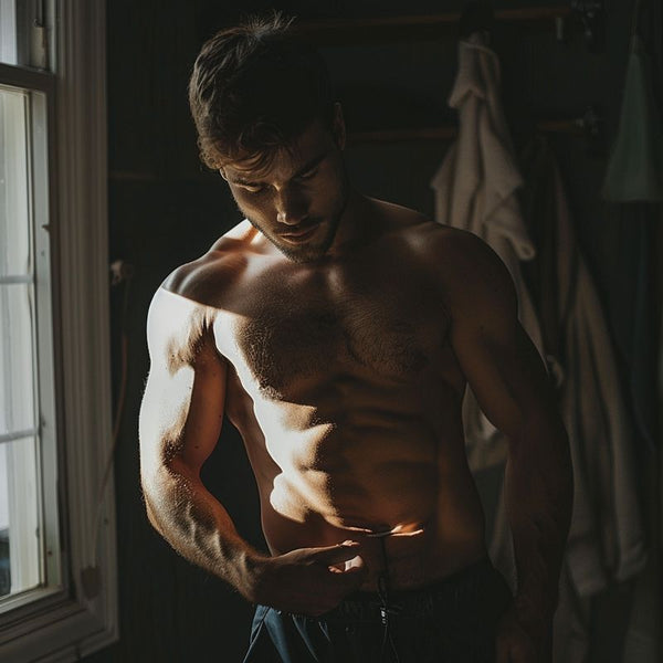 A man standing in the gym with well developed abs