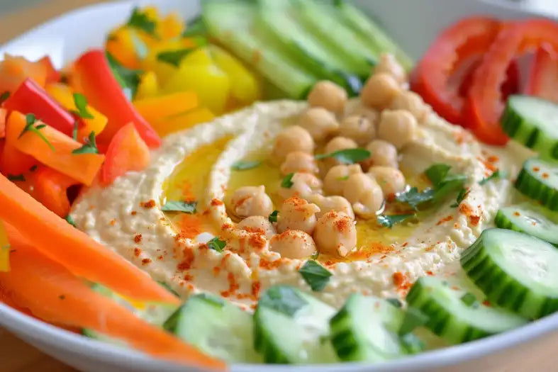 Hummus with a selection of sliced vegetables for dipping