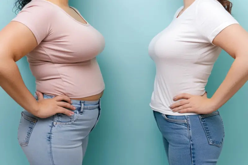 An overweight woman and a healthy weight woman facing each other. 