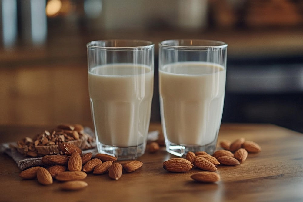 Glasses of almond milk surrounded by a selection of almonds