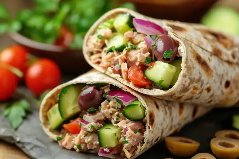 Mediterranean tuna salad served with salad over a bed of mixed greens, stuffed into a whole-wheat pita