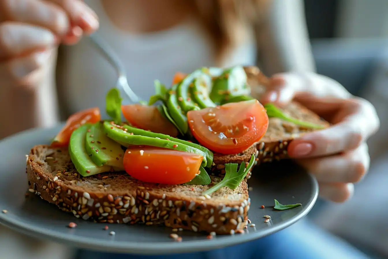 Wholegrain toast with avocado and tomato slices and olive oil