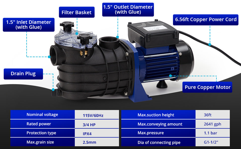 GARVEE 0.75HP 550W Pool Pump In/Above Ground Single Speed Powerful Primming Swimming Pool Pumps