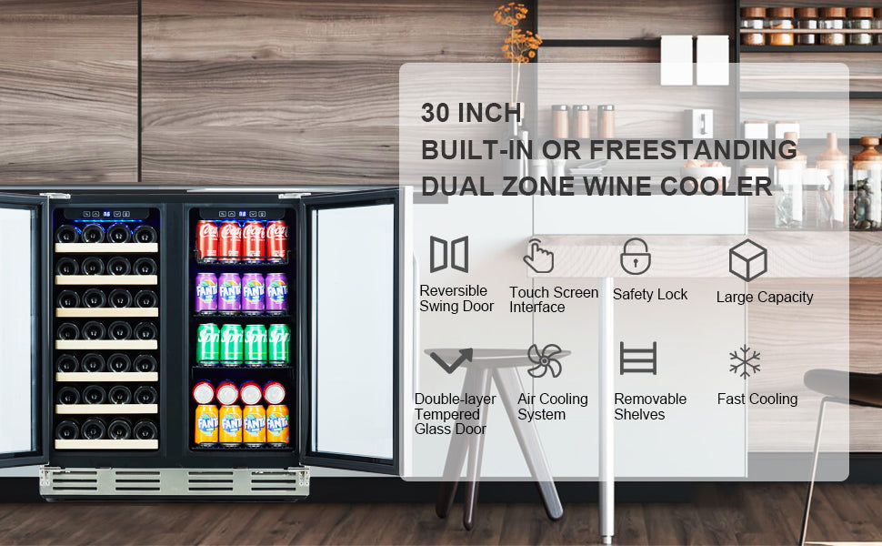 Dual Zone Wine Cooler, 33 Bottles & 96 Cans, Stainless Steel