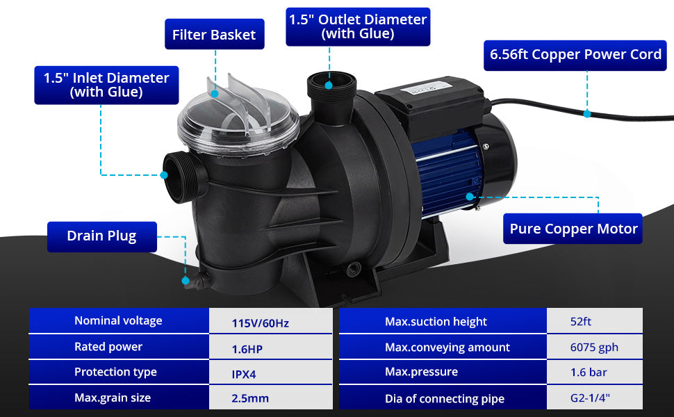 GARVEE 1.6HP Pool Pump Single Speed 1200W/115V 6075GPH Powerful Primming Swimming Pool Pumps