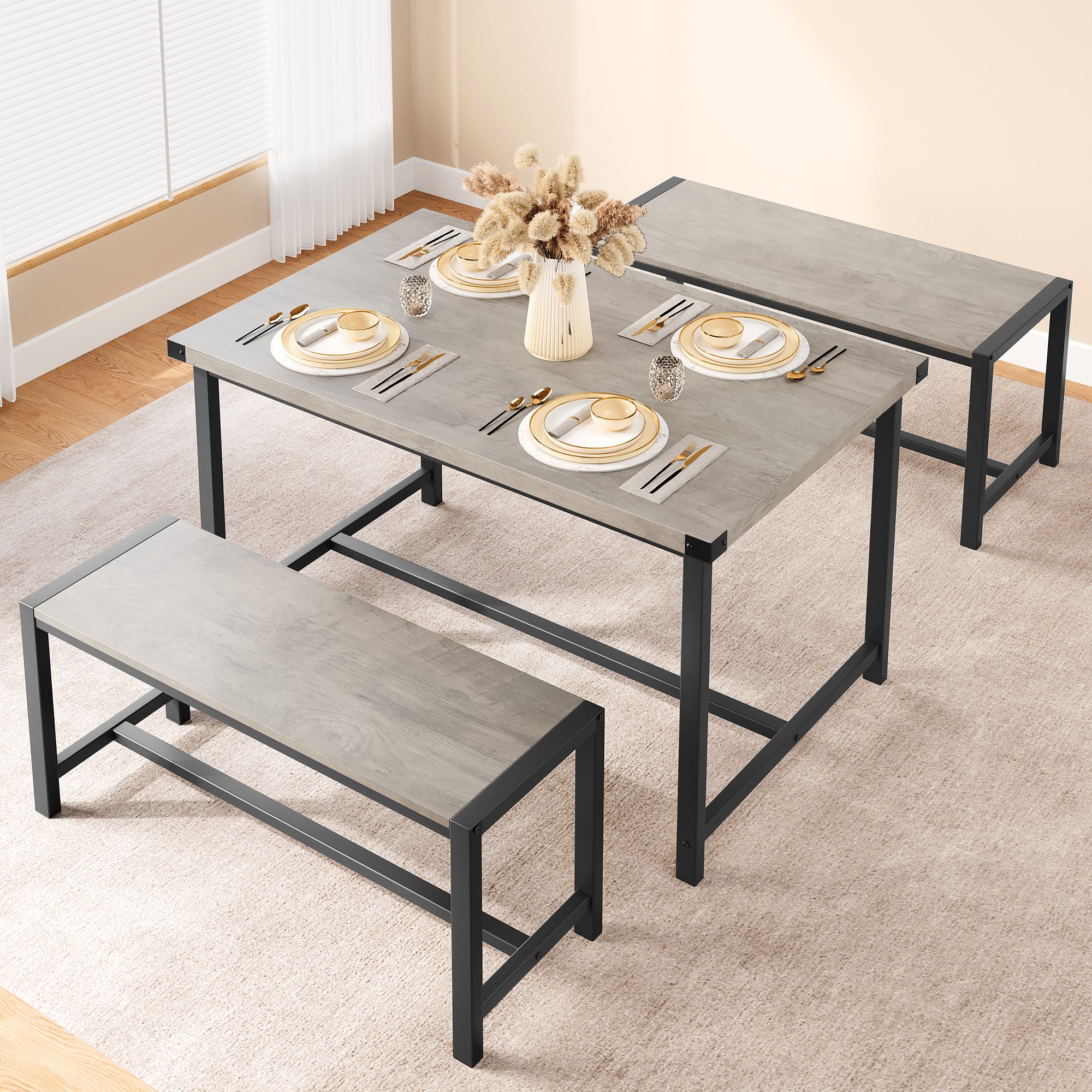 GARVEE Dining Table Set for 4, Kitchen Table with Benches, Rectangular Dining Room Table Set with 2 Metal Wood Benches, 3 Piece Dining Table Set for Small Space, Apartment, Dinette, Retro Gray