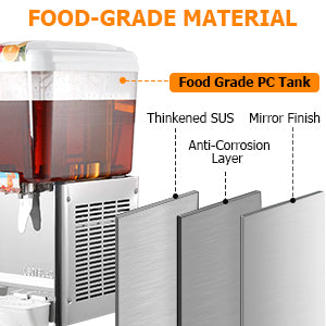 GARVEE 18x2L Commercial Beverage Dispenser 280W Stainless Steel Food Grade Ice Tea Drink Dispenser