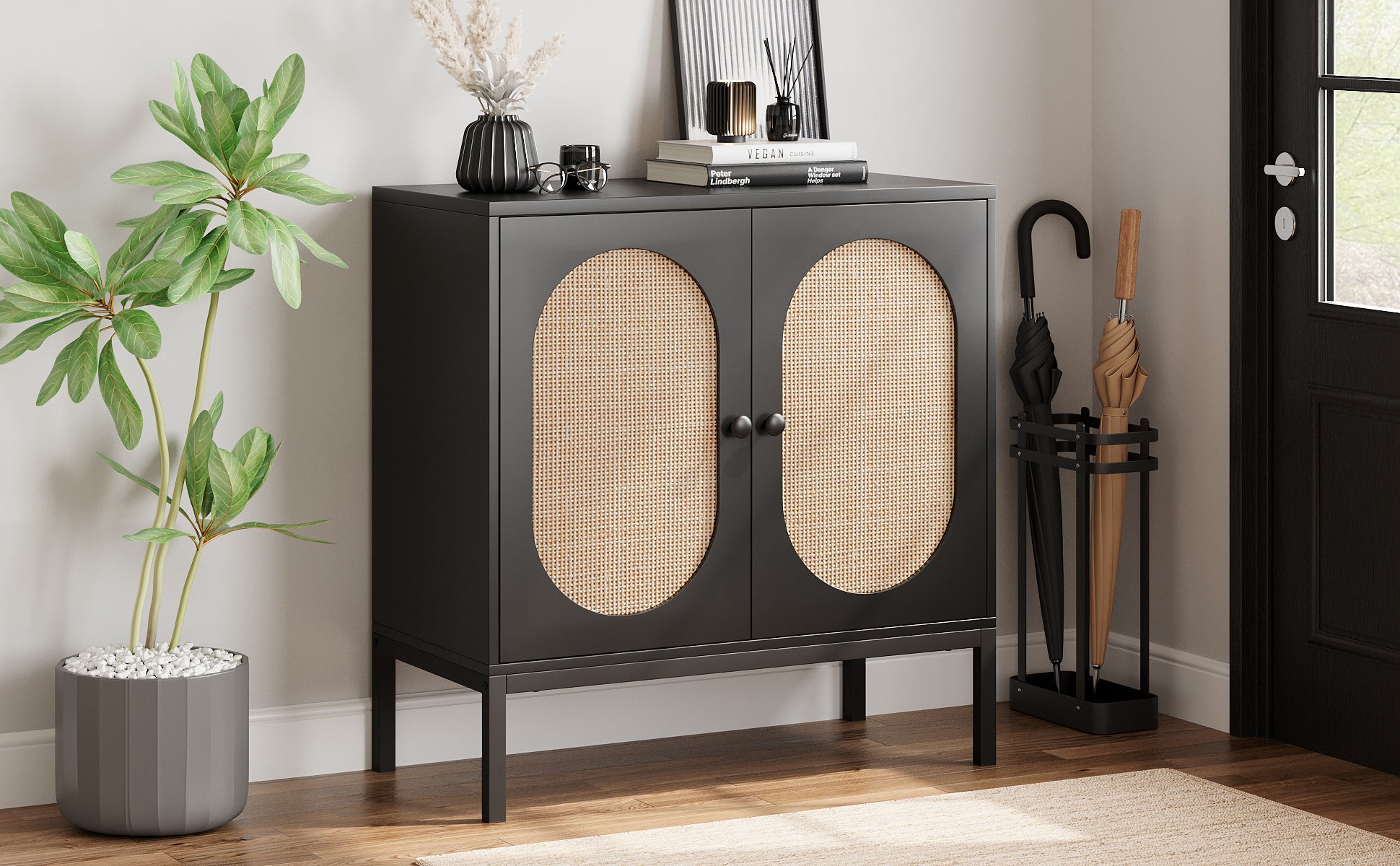  Buffet Cabinet, Rattan Storage Cabinet with Doors and Shelves, black Accent Cabinet Sideboard