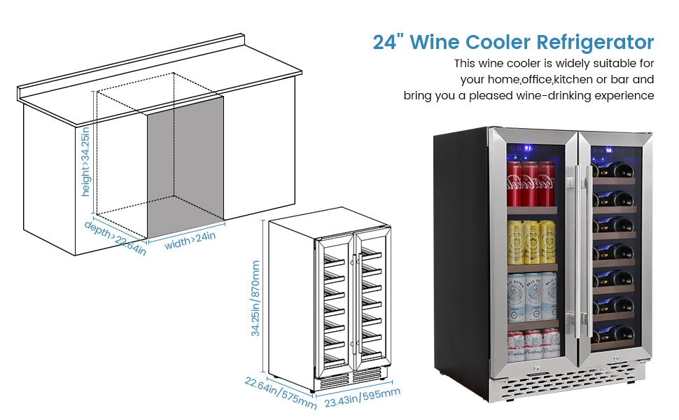GARVEE 24 Inch Dual Zone Wine and Beverage Refrigerator Wine Cooler with 40 Bottles Wine Capacity