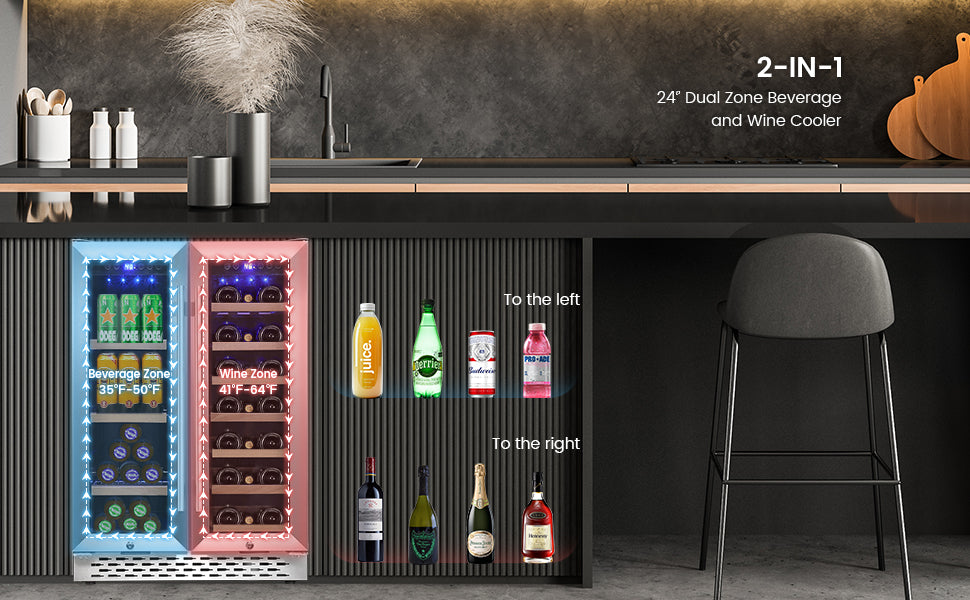 GARVEE 24 Inch Dual Zone Wine and Beverage Refrigerator Wine Cooler with 40 Bottles Wine Capacity