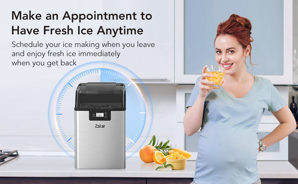 Zstar Nugget Ice Maker, Stainless Steel Countertop Ice Machine with 44Lbs/24H Output, Crunchy Sonic Ice Maker Machine, Self-Cleaning Portable Ice