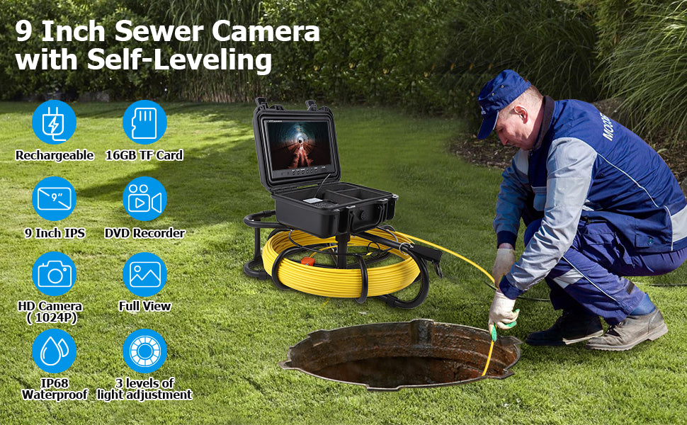 GARVEE 300 ft Snake Camera Sewer Camera with Locator 9 Inch HD LCD DVR and Adjustable LEDs for Sewer and Drainage Pipe