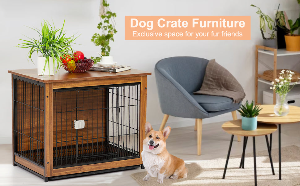 GARVEE 31 Inch Wooden Dog Crate Furniture Dog Crate End Table with Pull-Out Tray for Dogs