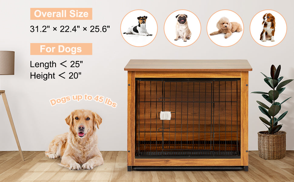 GARVEE 31 Inch Wooden Dog Crate Furniture Dog Crate End Table with Pull-Out Tray for Dogs