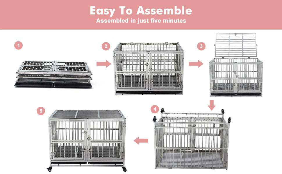 GARVEE 38 Inch Heavy Duty Dog Crate with Wheels Full Stainless Steel Double Door Removable Tray