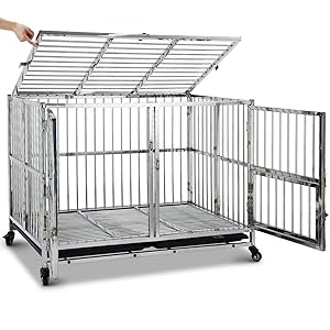 GARVEE 38 Inch Heavy Duty Dog Crate with Wheels Full Stainless Steel Double Door Removable Tray