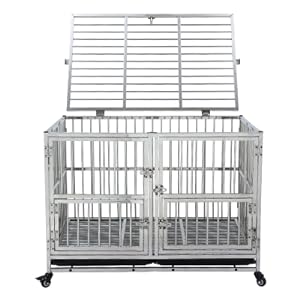 GARVEE 38 Inch Heavy Duty Dog Crate with Wheels Full Stainless Steel Double Door Removable Tray