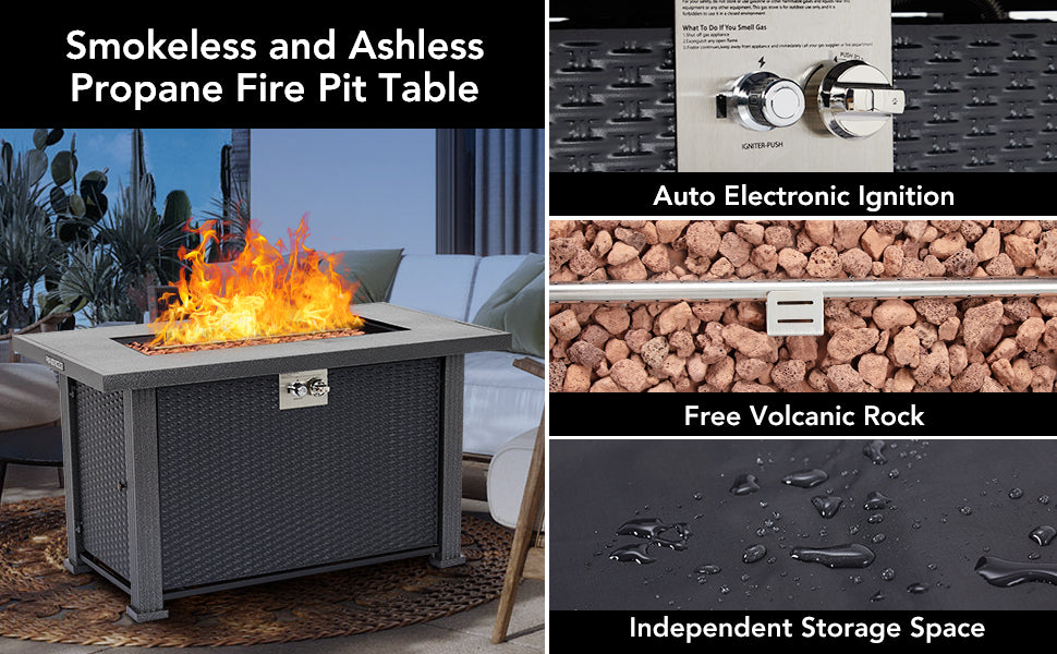 GARVEE 44 Inch Propane Fire Pit Table 50000BTU Rectangle Table with Cover & Rain Cover