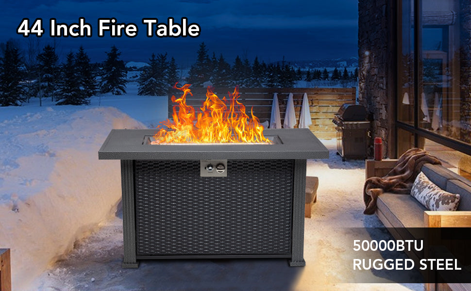 GARVEE 44 Inch Propane Fire Pit Table 50000BTU Rectangle Table with Cover & Rain Cover