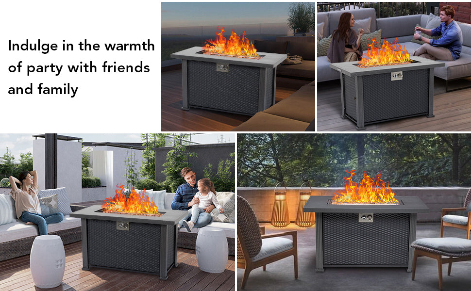 GARVEE 44 Inch Propane Fire Pit Table 50000BTU Rectangle Table with Cover & Rain Cover