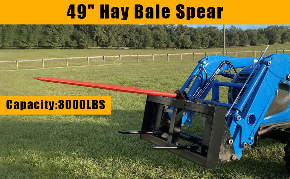 GARVEE 49 Inch Bale Spear 3000 lbs Capacity Hay Red Coated Bale Forks for Bobcat Tractors