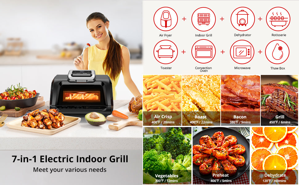 Indoor Grill Air Fryer Combo with See-Through Window, Zstar 7-in-1  Smokeless Electric Air Grill up to 450F, 1750W Contact Grill with Non-Stick  Removable Plates, Even Heat, Silicon Tongs as Gift, 4Qt 