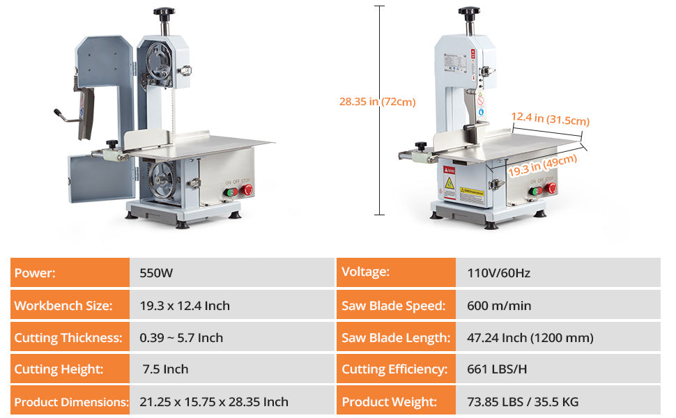 GARVEE Meat Saw for Butchering 550W Bone Saw Machine 0.39～5.7 Inches Cutting Thickness