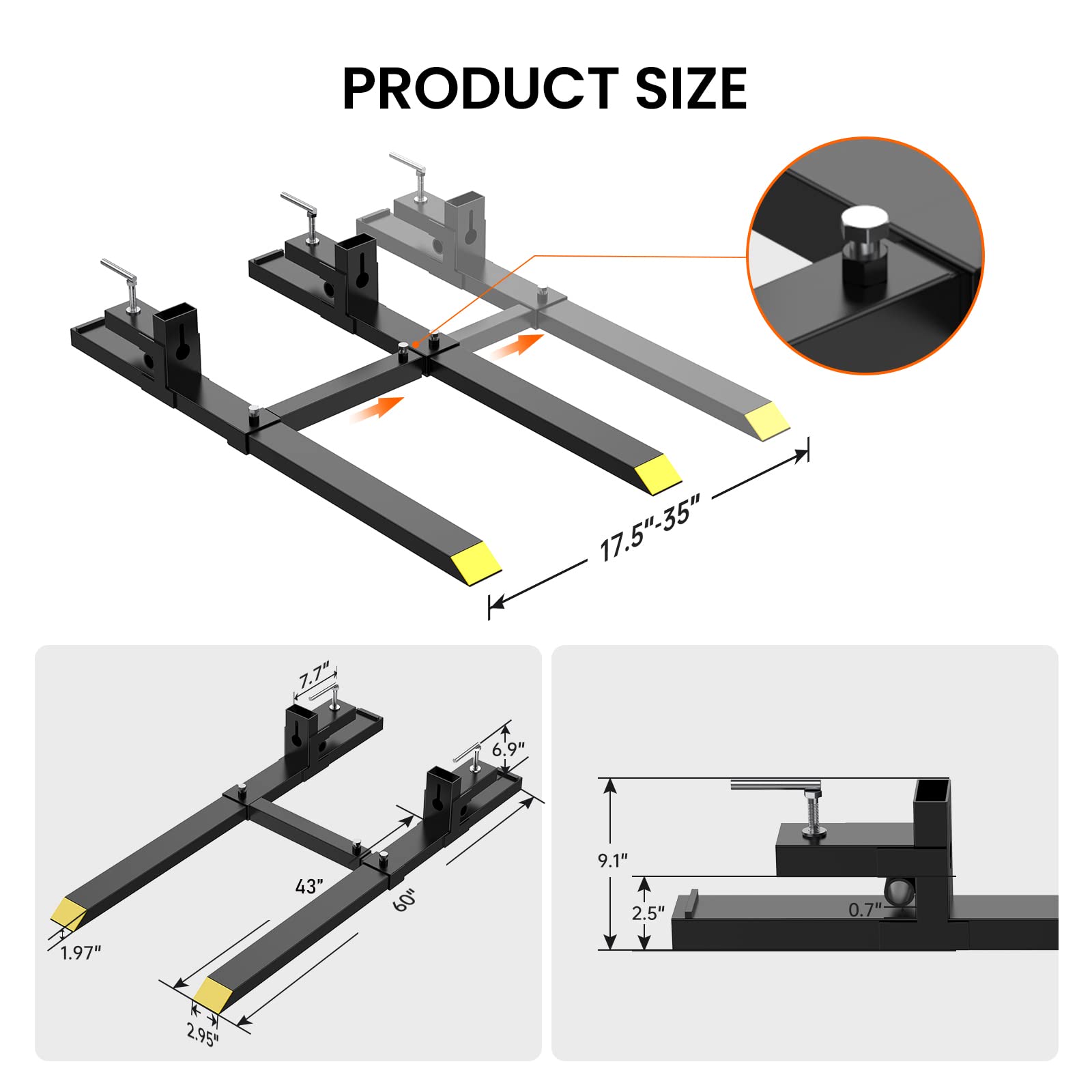 GARVEE 1500lbs Clamp on Pallet Forks 60 inch Heavy Duty Fork Rack with Adjustable Stabilizer Bar for Loader Bucket Skidsteer Tractor