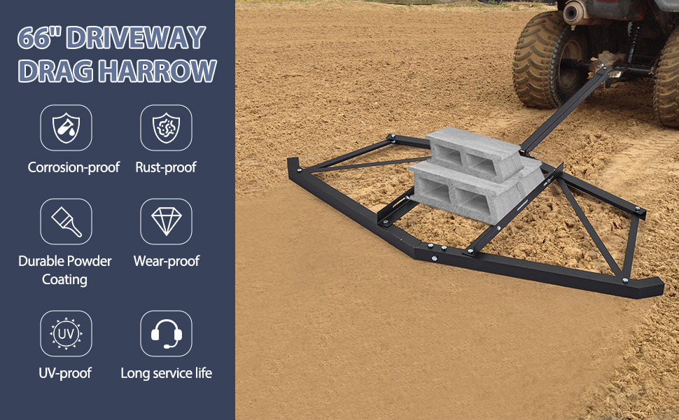 GARVEE 66 Inch Driveway Drag Grader with 3 Adjustable Bolts Driveway Drag Grader for ATVs UTV