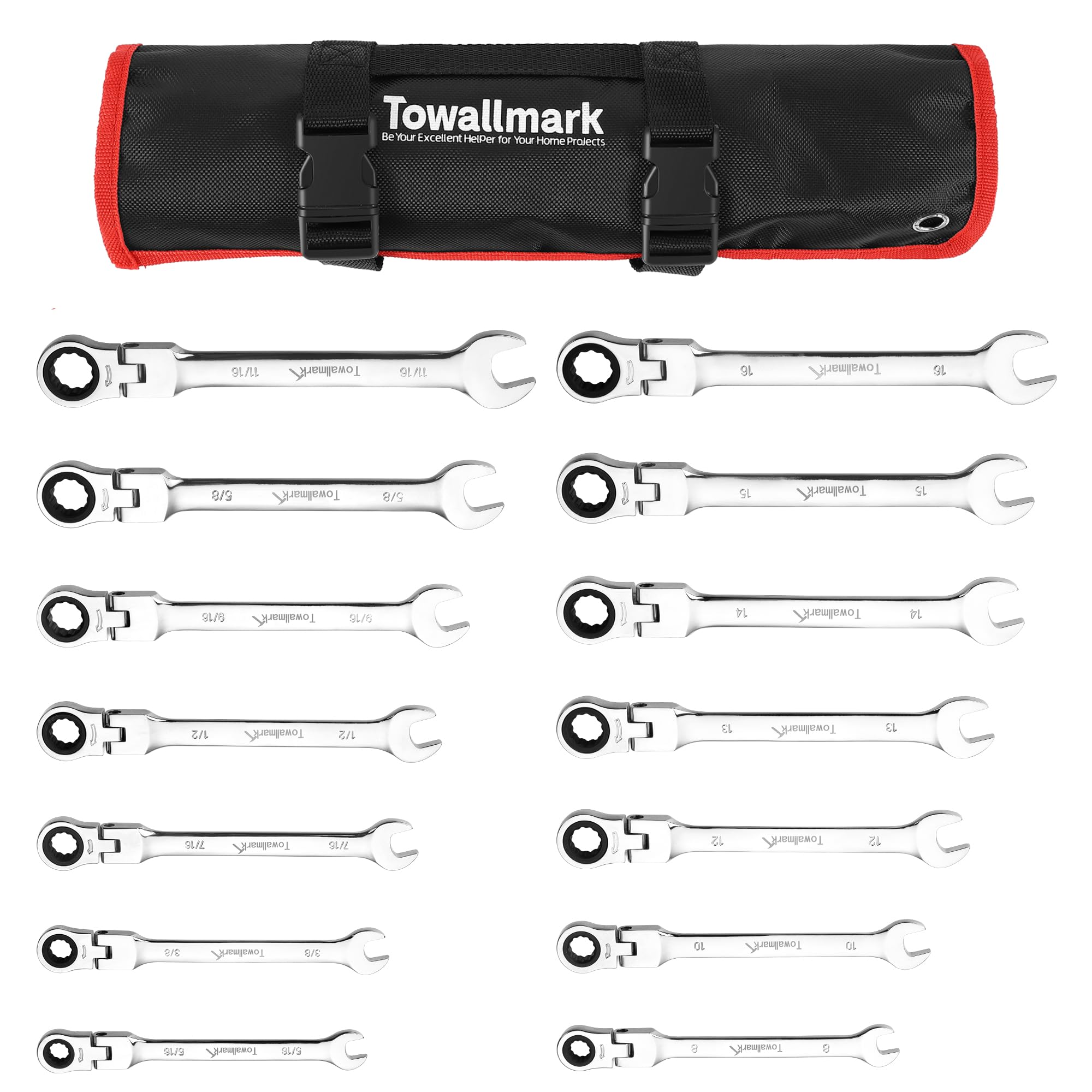 GARVEE 14 Pieces Flex-Head Ratcheting Combination Set, SAE 5/16"-11/16""& Metric 8-16mm, 72-Teeth Wrench Set, Cr-V Steel Ratchet Wrenches Set with Storage Bag, Great DIY Gift
