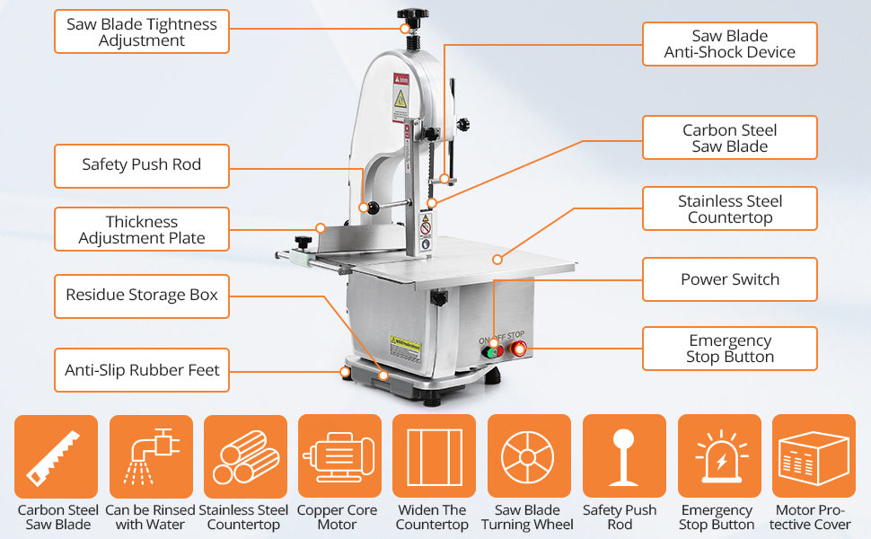 GARVEE Meat Saw for Butchering 750W Bone Saw Machine 0.39～6.7 Inches Cutting Thickness