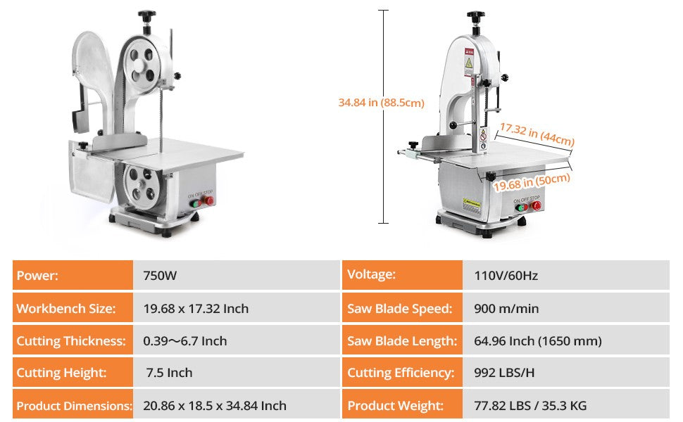 GARVEE Meat Saw for Butchering 750W Bone Saw Machine 0.39～6.7 Inches Cutting Thickness
