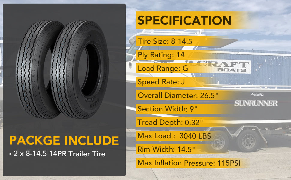 GARVEE 8-14.5 14PR Trailer Tires 3040Lbs Load Capacity Heavy Duty and Durable Tires