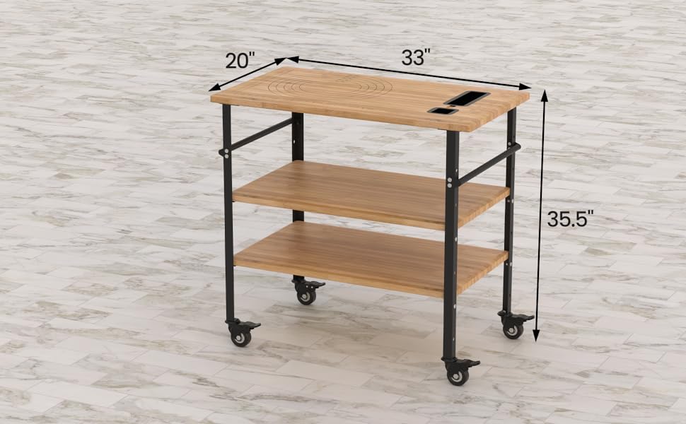 GARVEE Bamboo Wood Prep Cart Table for Pizza Making Built-in Pizza Size Movable Kitchen Island Serving Cart